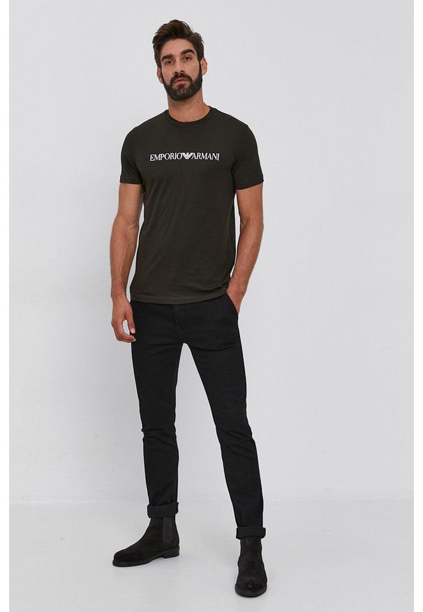 Emporio Armani - T-shirt bawełniany. Okazja: na co dzień. Kolor: zielony. Materiał: bawełna. Wzór: nadruk. Styl: casual