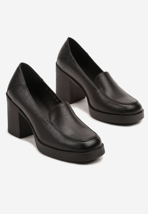 Born2be - Czarne Eleganckie Półbuty Mokasyny na Słupku ze Skórzaną Wkładką Alandria. Okazja: na co dzień. Kolor: czarny. Materiał: skóra. Obcas: na słupku. Styl: elegancki. Wysokość obcasa: średni
