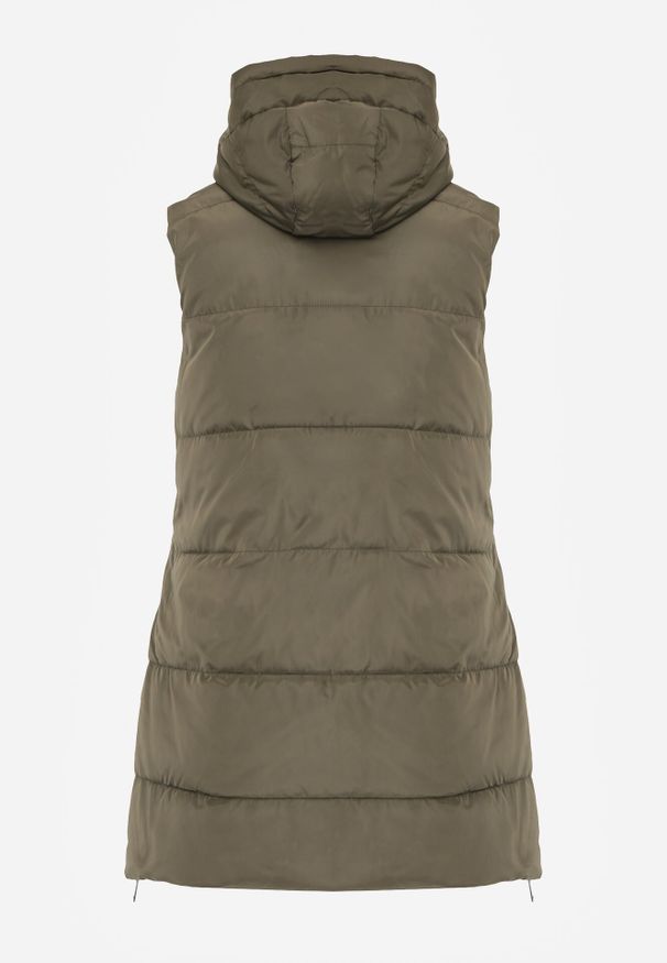 Born2be - Ciemnozielona Pikowana Kamizelka Dwustronna z Kapturem i Troczkami Nevetiani. Typ kołnierza: kaptur. Kolor: zielony. Materiał: jeans. Styl: elegancki