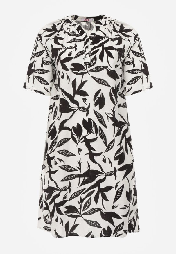 Born2be - Czarna Pudełkowa Sukienka z Wiskozy w Roślinny Wzór z Guzikami przy Dekolcie Acosia. Okazja: na co dzień. Kolekcja: plus size. Kolor: czarny. Materiał: wiskoza. Typ sukienki: proste, dla puszystych. Styl: elegancki, casual, klasyczny