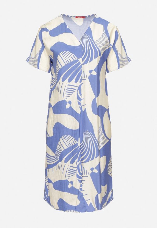 Born2be - Niebieska Sukienka o Pudełkowym Kroju z Dekoltem w Serek w Abstrakcyjny Print Salliven. Okazja: na co dzień. Typ kołnierza: dekolt w serek. Kolekcja: plus size. Kolor: niebieski. Długość rękawa: krótki rękaw. Wzór: nadruk. Typ sukienki: dla puszystych. Styl: elegancki, casual
