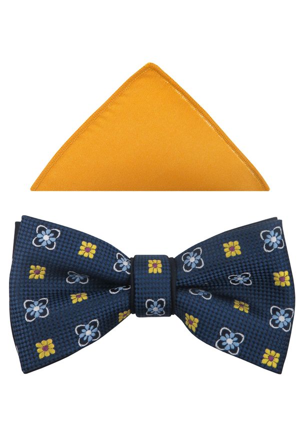 Modini - Granatowa mucha męska w żółte i błękitne kwiatki A213. Kolor: wielokolorowy, żółty, niebieski. Materiał: poliester, tkanina. Wzór: kwiaty. Styl: elegancki