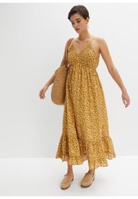 bonprix - Długa sukienka w cętki leoparda. Kolor: beżowy. Długość rękawa: na ramiączkach. Długość: maxi