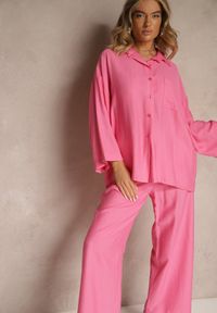 Renee - Fuksjowy Wiskozowy Komplet Oversize Koszula i Spodnie Wide Leg Zierana. Kolor: różowy. Materiał: wiskoza