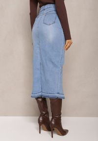 Renee - Niebieska Jeansowa Spódnica Midi High Waist z Rozcięciem Lushio. Stan: podwyższony. Kolor: niebieski. Materiał: jeans. Styl: klasyczny #2
