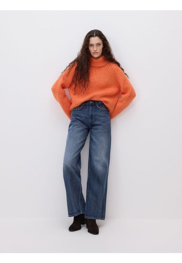 Reserved - Jeansy wide leg z aplikacją - indigo jeans. Wzór: aplikacja