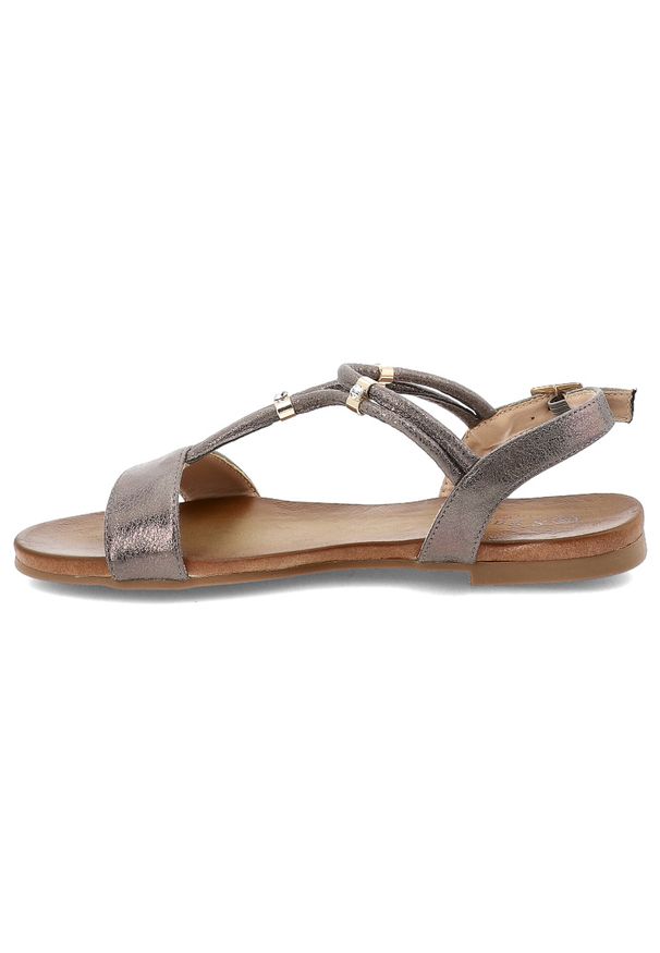 S.Barski - Sandały damskie S. Barski, na płaskim obcasie z eko skóry zapinane na sprzączkę, grafitowe, KV51-120. Okazja: na co dzień. Zapięcie: sprzączka. Kolor: szary. Materiał: skóra. Sezon: lato. Obcas: na obcasie. Styl: casual, elegancki, klasyczny. Wysokość obcasa: niski