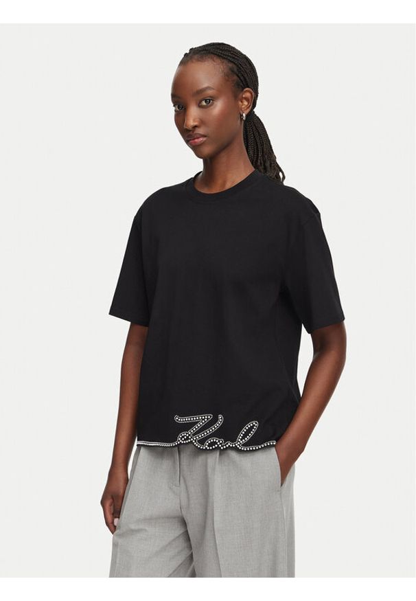Karl Lagerfeld - KARL LAGERFELD T-Shirt B3W17065 Czarny Regular Fit. Typ kołnierza: dekolt w karo. Kolor: czarny. Materiał: bawełna