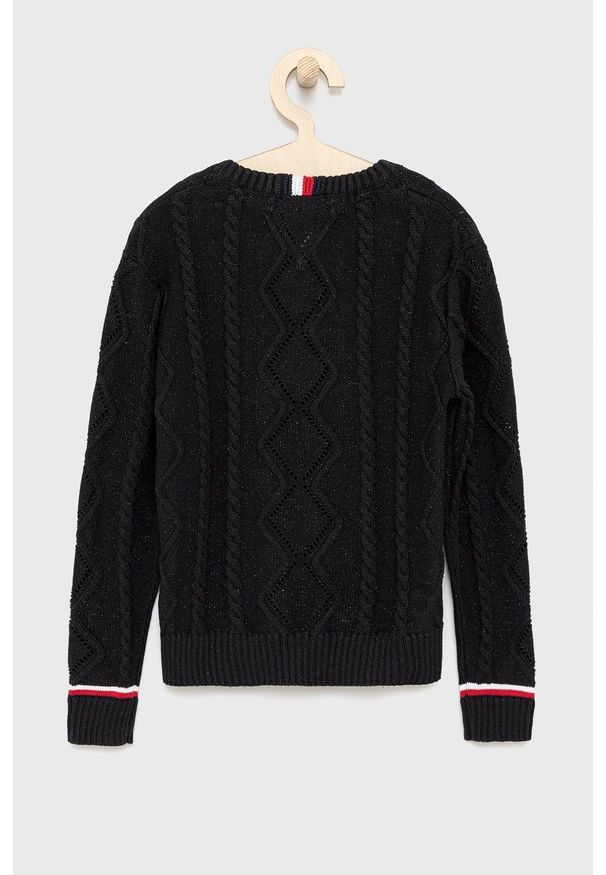 TOMMY HILFIGER - Tommy Hilfiger Sweter bawełniany dziecięcy kolor czarny ciepły. Okazja: na co dzień. Kolor: czarny. Materiał: bawełna. Wzór: ze splotem. Styl: casual