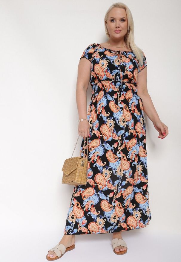 Born2be - Czarno-Niebiesksa Bawełniana Sukienka z Gumką w Pasie Zilletta. Okazja: na randkę, na co dzień. Kolor: czarny. Materiał: bawełna. Styl: casual, klasyczny