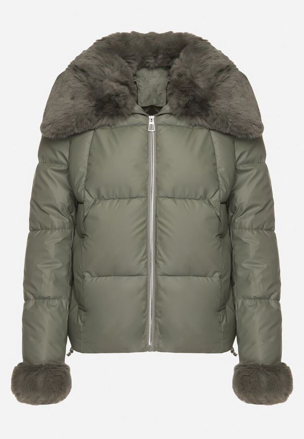 Born2be - Zielona Pikowana Kurtka z Szerokim Kołnierzem z Futerkiem Galerra. Okazja: na spacer, na co dzień. Kolor: zielony. Materiał: futro. Sezon: zima. Styl: elegancki, casual