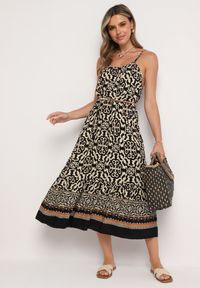 Born2be - Czarno-Beżowa Bawełniana Sukienka o Rozkloszowanym Kroju na Cienkich Ramiączkach Nellarra. Kolor: czarny. Materiał: bawełna. Długość rękawa: na ramiączkach. Sezon: lato. Styl: elegancki #6