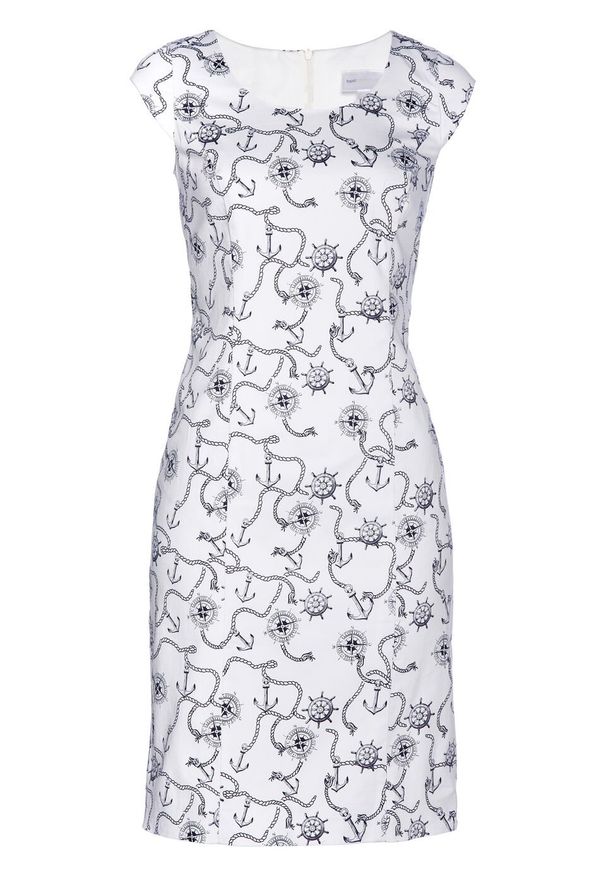 Sukienka ołówkowa bonprix biało-ciemnoniebieski z nadrukiem. Kolor: biały. Wzór: nadruk. Typ sukienki: ołówkowe