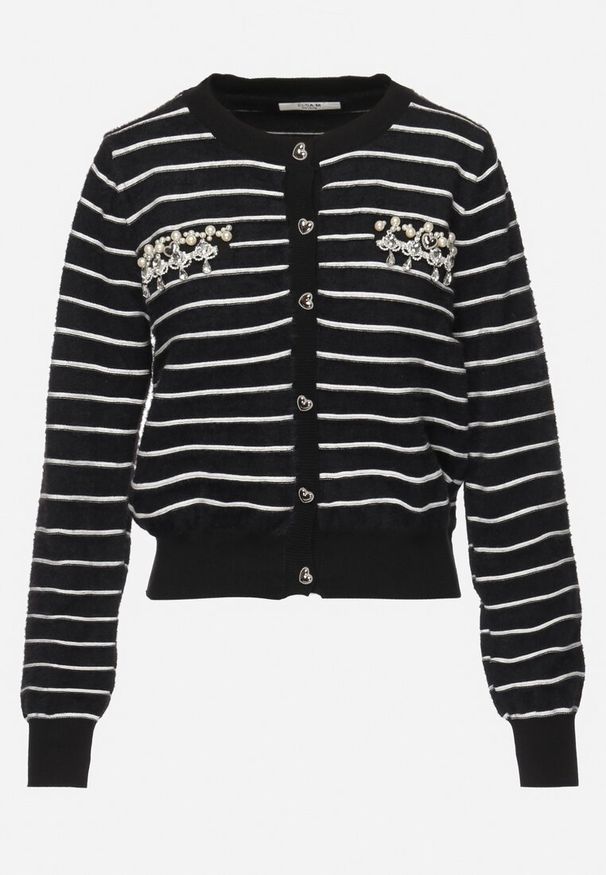 Born2be - Czarny Wiskozowy Kardigan w Paski z Ozdobnymi Guzikami i Koralikami oraz Cyrkoniami Qyrie. Kolor: czarny. Materiał: wiskoza. Wzór: paski. Styl: elegancki