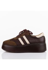 DEONI - Skórzane br/be sneakersy damskie Deoni D632. Okazja: na co dzień. Nosek buta: okrągły. Zapięcie: sznurówki. Kolor: brązowy. Szerokość cholewki: normalna. Materiał: skóra. Sezon: wiosna, jesień. Obcas: na platformie. Styl: klasyczny, sportowy, casual, elegancki