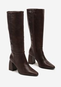 Renee - Brązowe Casualowe Kozaki na Słupku Linnariela. Okazja: na co dzień. Kolor: brązowy. Materiał: jeans, materiał. Wzór: gładki. Obcas: na słupku. Styl: casual. Wysokość obcasa: średni #5