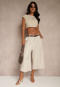 Renee - Jasnobeżowe Eleganckie Spodnie Typu Culottes Silunea. Okazja: na co dzień, na spotkanie biznesowe, do pracy. Kolor: beżowy. Styl: elegancki #3