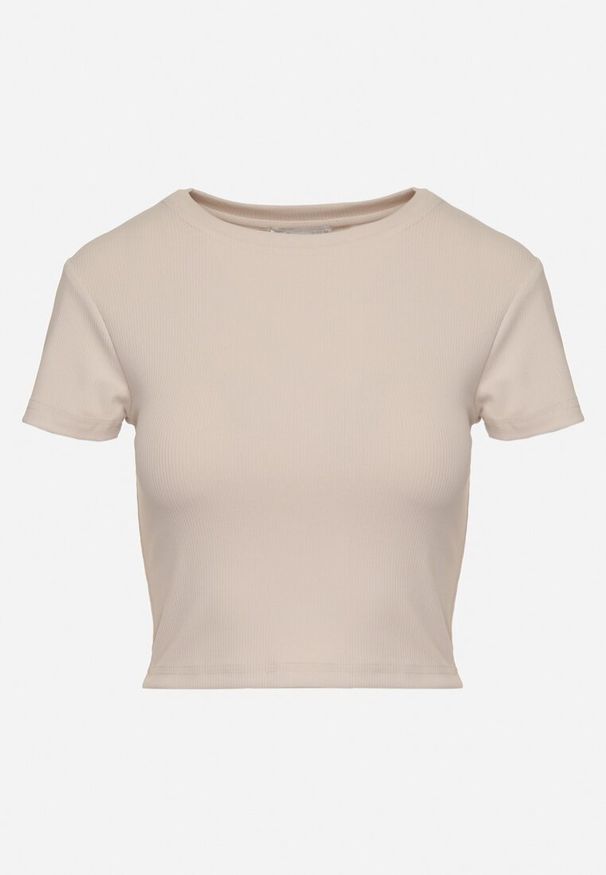 Born2be - Beżowy T-shirt z Prążkowanego Materiału o Krótkim Kroju Telunna. Okazja: na co dzień, na spacer. Kolor: beżowy. Materiał: prążkowany, materiał. Długość: krótkie. Styl: klasyczny, casual