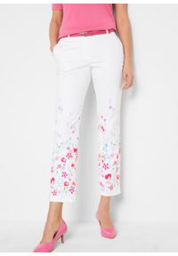 bonprix - Spodnie ze stretchem. Kolor: biały. Wzór: gładki, kwiaty, nadruk. Styl: klasyczny, elegancki