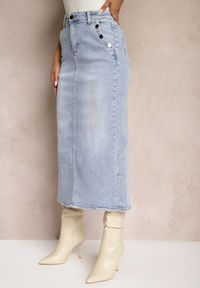 Renee - Jasnoniebieska Jeansowa Spódnica High Waist z Nitami Przy Kieszeniach Nellajoy. Okazja: na co dzień. Stan: podwyższony. Kolor: niebieski. Materiał: jeans. Styl: casual, elegancki, rockowy #5