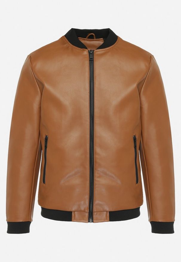 Born2be - Brązowa Kurtka Bomberka z Imitacji Skóry i Zasuwanymi Kieszeniami Rihella. Kolor: brązowy. Materiał: skóra. Styl: elegancki, klasyczny