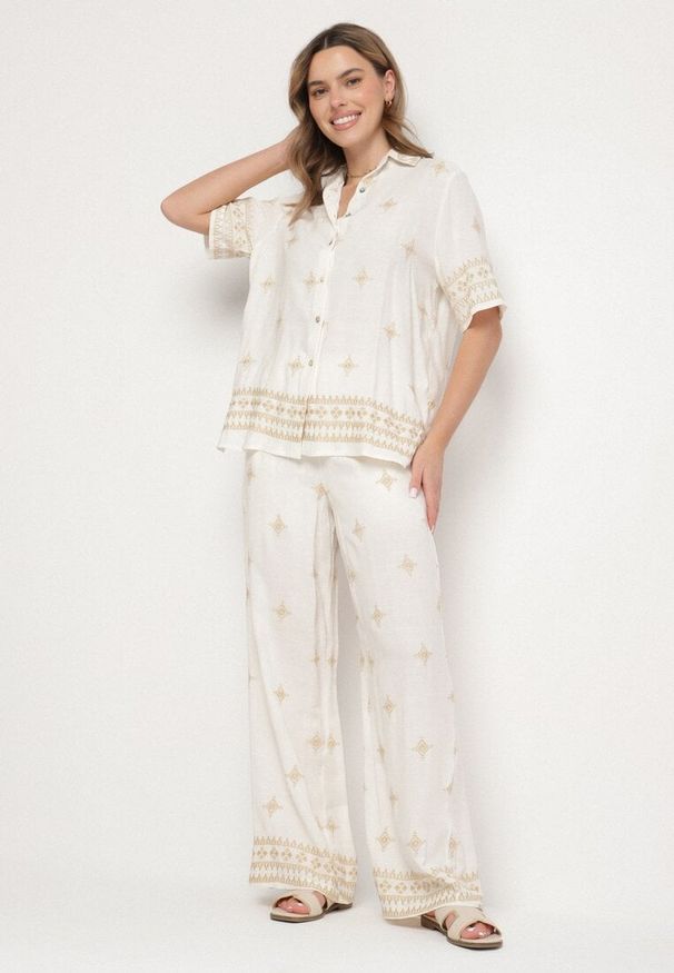 Born2be - Biało-Beżowy Komplet z Wiskozy Zdobiony Haftem Koszula i Spodnie Oversize Iffiselle. Kolor: biały. Materiał: wiskoza. Wzór: aplikacja, haft