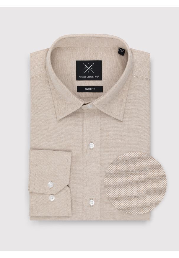 Pako Lorente - PAKO LORENTE – Beżowa bawełniana koszula męska. Kolor: beżowy. Materiał: bawełna. Długość rękawa: długi rękaw. Długość: długie. Wzór: gładki