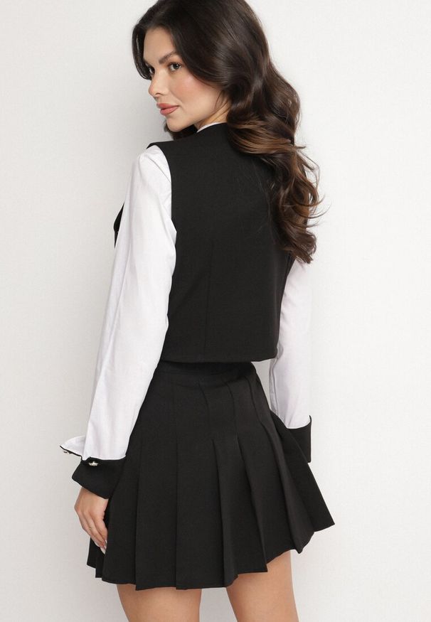 Born2be - Czarny Elegancki 3-Częściowy Komplet z Wiskozą Koszula Kamizelka i Plisowane Spódnico-Spodenki Zemiga. Kolor: czarny. Materiał: wiskoza