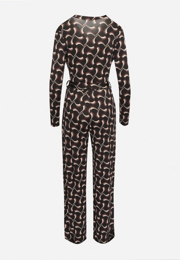Born2be - Brązowy Wzorzysty Kombinezon Kopertowy z Wiskozą z Szerokimi Nogawkami i Paskiem Aotavia. Okazja: na co dzień. Kolor: brązowy. Materiał: wiskoza. Styl: casual
