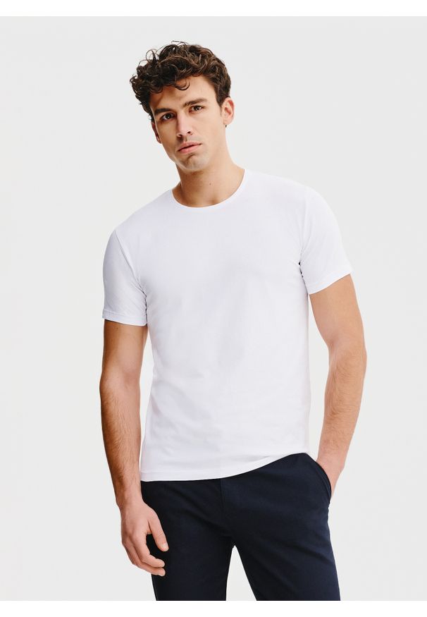 Pako Lorente - PAKO LORENTE – Biały gładki t-shirt męski. Kolor: niebieski, biały, czarny. Materiał: bawełna, elastan. Długość rękawa: krótki rękaw. Długość: krótkie. Wzór: gładki. Styl: klasyczny