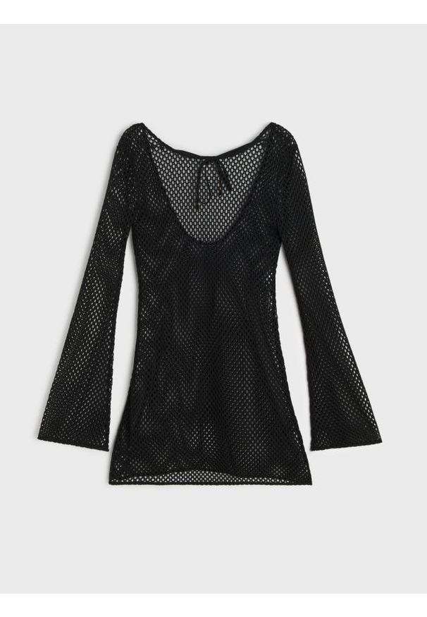 Sinsay - Ażurowa sukienka plażowa z długim rękawem - czarny. Okazja: na plażę. Kolor: czarny. Długość rękawa: długi rękaw. Wzór: ażurowy