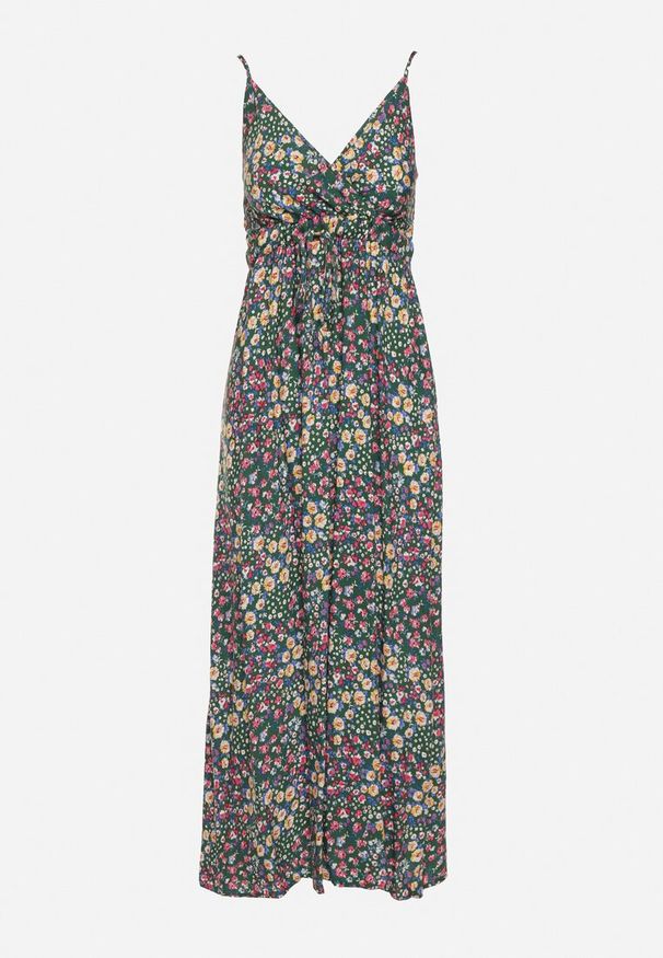 Born2be - Zielona Wiskozowa Sukienka na Regulowanych Ramiączkach z Gumkami na Plecach Zarlea. Okazja: na spacer. Typ kołnierza: dekolt w serek. Kolor: zielony. Materiał: wiskoza. Długość rękawa: na ramiączkach. Wzór: kwiaty