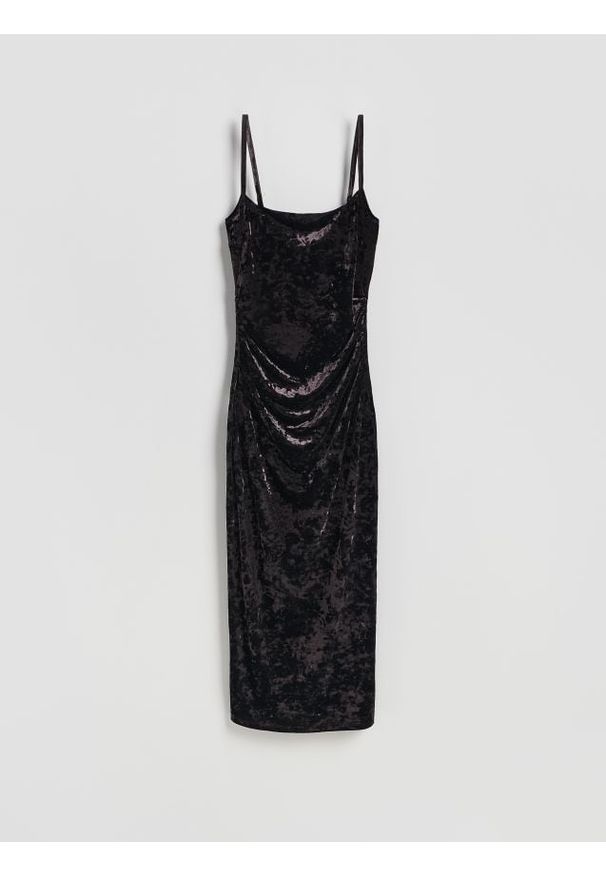 Reserved - Welurowa sukienka midi - ciemnobrązowy. Kolor: brązowy. Materiał: welur. Długość: midi