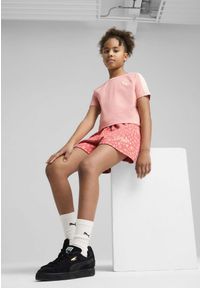 Puma - Młodzieżowe szorty Flaming Love z wysokim stanem PUMA Peach Frost Red. Stan: podwyższony. Kolor: czerwony. Wzór: nadruk