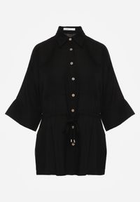 Born2be - Czarna Koszula z Bawełną i Lnem Ozdobiona Wycięciami i Ściągana w Pasie Harwinds. Okazja: do pracy, na co dzień. Kolor: czarny. Materiał: bawełna, len. Wzór: aplikacja. Styl: klasyczny, casual #4