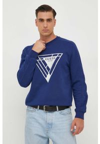 Guess bluza męska kolor granatowy z nadrukiem. Kolor: niebieski. Materiał: bawełna, prążkowany. Wzór: nadruk