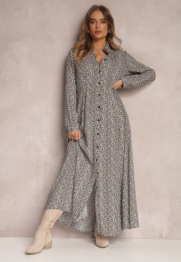 Renee - Czarno-Biała Sukienka Chrysane. Kolor: czarny. Materiał: tkanina, wiskoza. Długość rękawa: długi rękaw. Wzór: aplikacja, kwiaty. Typ sukienki: koszulowe. Długość: maxi