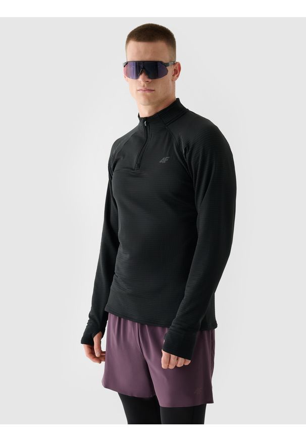4f - 4F Bluza do biegania szybkoschnąca męska - szara XL. Typ kołnierza: bez kaptura, kołnierzyk stójkowy. Kolor: szary. Materiał: syntetyk, włókno, dzianina, materiał, elastan. Długość rękawa: raglanowy rękaw. Długość: krótkie. Wzór: jednolity. Styl: klasyczny, sportowy. Sport: bieganie, fitness
