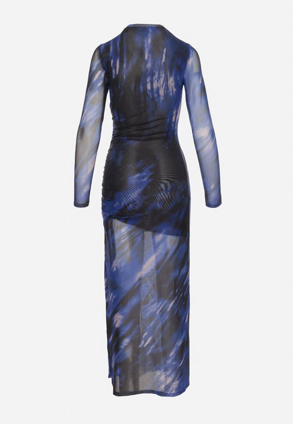 Born2be - Czarno-Granatowa Dopasowana Sukienka Długa z Siateczki z Rozcięciem na Boku Nethys. Kolor: czarny. Materiał: wiskoza. Styl: elegancki. Długość: maxi