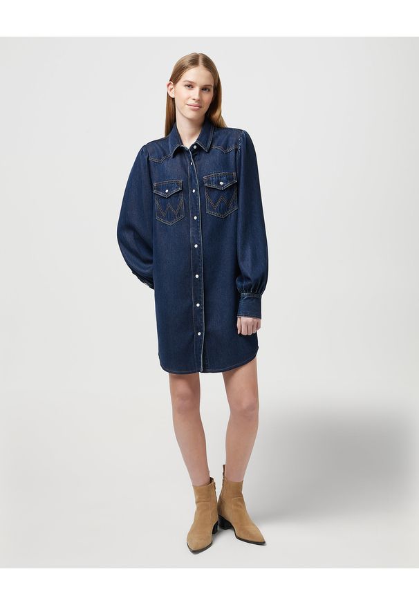 Wrangler - WRANGLER DAMSKA SUKIENKA JEANSOWA WRANGLER BALLOONSLEEVE SHIRT DRESS RINSE 112350339. Materiał: jeans