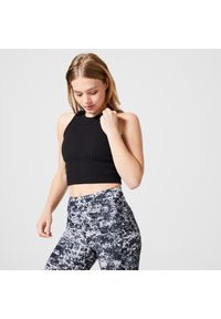 DOMYOS - Koszulka damska crop top bez rękawów z kolekcji fitness w motyw lamparta, czarna. Kolor: czarny. Materiał: elastan, materiał, bawełna. Długość rękawa: bez rękawów. Sport: joga i pilates, fitness