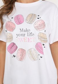 Born2be - Biało-Różowy Bawełniany T-shirt Ozdobiony Nadrukiem i Cyrkoniami Chrisielle. Kolor: biały. Materiał: bawełna. Wzór: aplikacja, nadruk. Sezon: lato #2