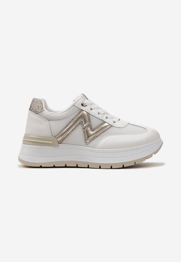 Renee - Białe Sznurowane Sneakersy na Płaskiej Podeszwie z Metaliczną Wstawką i Brokatem Setraffia. Nosek buta: okrągły. Zapięcie: sznurówki. Kolor: biały. Materiał: materiał. Obcas: na płaskiej podeszwie. Wysokość obcasa: niski