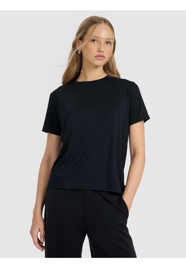 4f - 4F T-shirt z prążkowanej dzianiny z modalem damski - czarny XS. Okazja: na co dzień. Kolor: czarny. Materiał: prążkowany, dzianina. Styl: klasyczny, casual