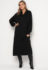 Born2be - Czarna Pudełkowa Sukienka Sweterkowa z Wiskozą Szerokimi Rękawami i Kołnierzykiem Rinfera. Kolor: czarny. Materiał: wiskoza. Typ sukienki: proste. Styl: wizytowy, elegancki #6