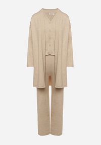 Born2be - Jasnobeżowy Komplet z Dzianiny z Wełną Spodnie Kardigan i Kamizelka na Guziki Meviseffa. Kolor: beżowy. Materiał: dzianina, wełna #6