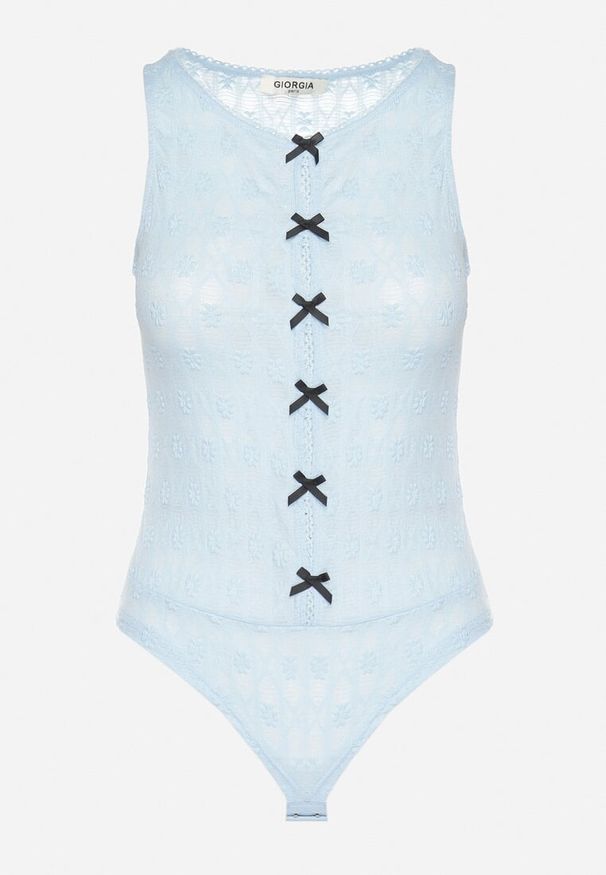 Born2be - Niebieskie Body Ozdobione Kokardkami Ovilene. Okazja: na co dzień. Typ kołnierza: kokarda. Kolor: niebieski. Materiał: jeans. Wzór: aplikacja. Styl: klasyczny, casual