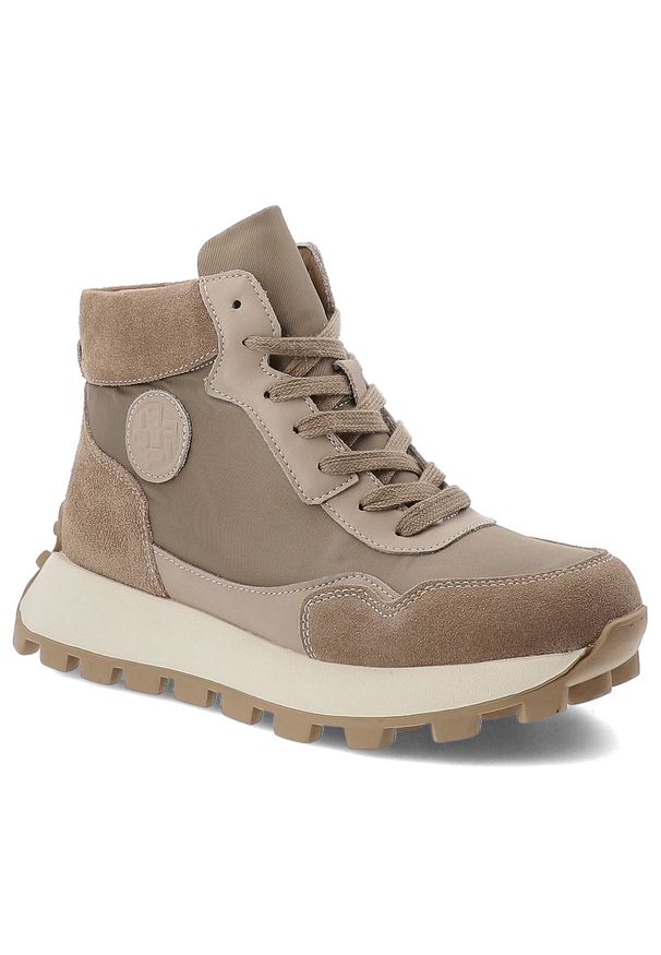 Beżowe Botki Filippo Ocieplane Obuwie Damskie. Okazja: na co dzień. Kolor: beżowy. Materiał: futro, materiał. Szerokość cholewki: normalna. Styl: casual, sportowy