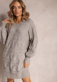 Renee - Ciemnoszary Długi Sweter Oversize z Wypukłym Splotem All Over Somet. Kolor: szary. Długość: długie. Wzór: ze splotem. Styl: elegancki