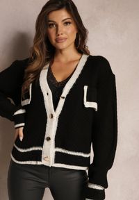 Renee - Czarny Kardigan z Dzianiny z Ozdobną Lamówką i Guzikami Amesta. Kolor: czarny. Materiał: dzianina